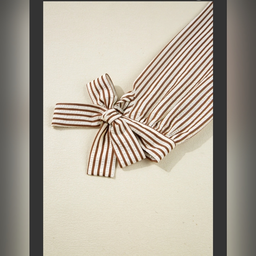 99 Disco Striped Frill V-Neck Bracelet Sleeve Blouse - Picture 5 of 7